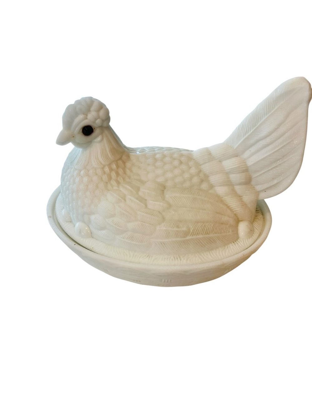 Vintage Westmoreland Milk Glass Hen on Nest 7” Split Tail Brown Glass Eyes HON